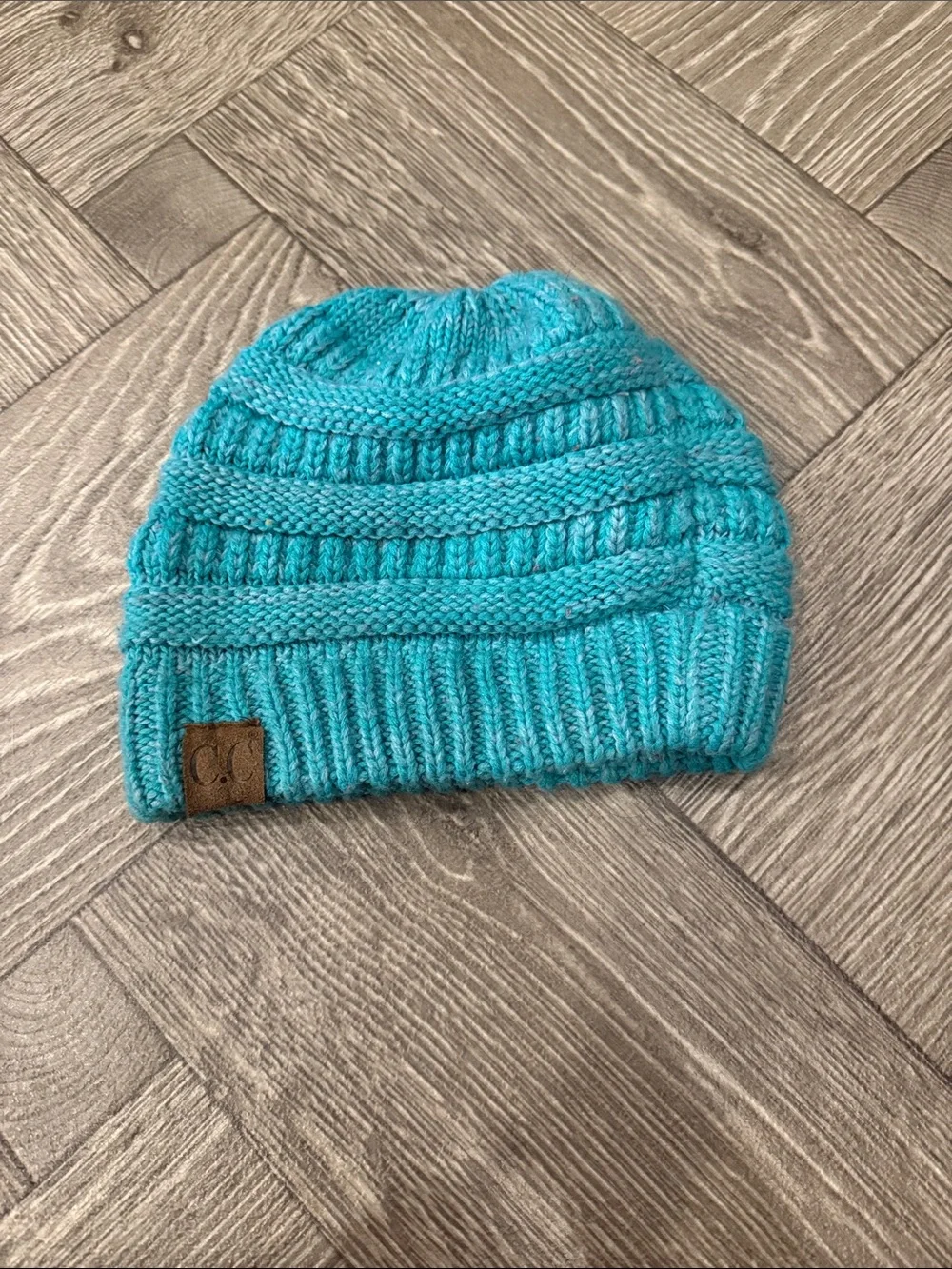 Kids Turquoise Knit Beanie with Leather Patch